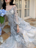 2025 Early Autumn Seaside Tourism Temperament Gray Blue Dye Fairy Butterfly Hot Leaves Side Long-Sleeved Dress Woman