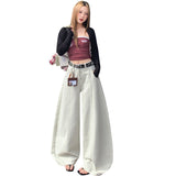 6008 Gray-White Retro Single-Dlong Jeans Women Loose Wide Legs Long Pants
