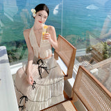 Tyrand Travel Vacation Wear Design Atmosphere Perspective Folded Neck Vest Open Back Skirt Suit