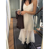 2025 Korean Chic Niche Design Three-Dimensional Hook Flower Splicing Irregular Lotus Leaf Side Sling Dress 2 Colors