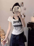 Spice Girls Wind Fake Two Hanging Neck Top Women Summer New Color Design Sense Small Dress Printing Short-Sleeved T-Shirt