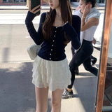 Dream Girl_Basic Line Hollow Diamond Buckle Cardigan / U-Neck Wool Knitted Jersey Baby Blue Knitted Cardigan