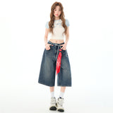 Seven-Point Trousers Women's Straight Loose High-Waisted Denim Short Midsley 2025 Dark Blue 2026 New Lysier Fiber