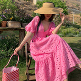 2025 Summer Dress New Gentle Style Retro Deep V-Neck Hollow Bubble Sleeve Short-Sleeved Dress Sweet Holiday Dress