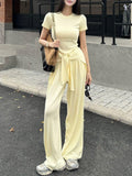 Extremely Simple Style Loose Fashion Suit 2026 Summer New Leisure Belt Shawl Short Sleeves Wide Leg Pants Three-Piece Set
