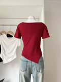 Vintage Irregular Short-Sleeved T-Shirt Red Summer New Fashion Slim Temperament Topess Women Ins Trend