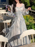 2025 Early Autumn Seaside Tourism Temperament Gray Blue Dye Fairy Butterfly Hot Leaves Side Long-Sleeved Dress Woman