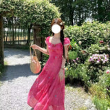 Rose Red Particularly Beautiful Thinch Waist Dress Summer Women 2025 New Light Luxury High-End Feeling Waist Slim Floral Dress