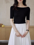 French Word-Collar Silk Seamless Knitted Shirt Women Summer Thin Five-Sleeve Temperament Top