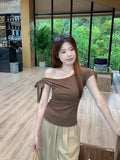 5179# Summer New Sweet Spicy Slanted Shoulder ϵion Design Short-Sleeved T-Shirt Slimming Female Integrated With Breast Cushion