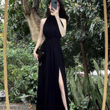 Sensing Black Hanging Neck Sleeveless Dress Woman 2025 Summer New French Temperament Open Fork Waist Long Skirt