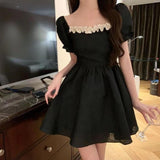 French Small Scented Short-Sleeved Dress Carefully Roll-Out Bow Tie With Skirt Square Collar Bubble Sleeves Ponve Skirt