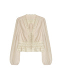 Fairy Lace Shirt V Collar Temperament Thin Folded Lantern Sleeve Chiffon Pearl Buckle Temperament Shirt Summer