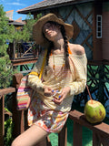 Swimsuit Women Split Skirt Striped Orange Long-Sleeved Hoodie Belly Thin Bikini Four-Piece Set Of Beautiful Vacation