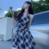 Black And White Lattice V-Neck Hanging Neck With Dress Women's Spring And Summer 2025 New Waist-Skinny A-Word Skirt