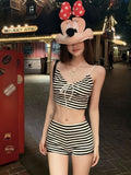 Korean Ins Striped Long-Sleeved Split Swimsuit Three-Piece White Burqa Island Hot Spring Holiday Swimsuit Female Design