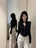Pure Hot Girl Rivet Line Design Sense Long Sleeve Open Shirt Female Gas Waist Double Zipper Short Top Tide