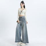 Hairy Light Blue Broad-Legged Jeans Women's New Design High-Waisted Loose-Hanging Trousers Skirt