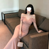 2026 Sexy Babes Dress Sexy Low-Breasted Dress Folded Long Bag Hip Skirt