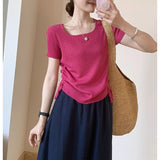 Simple Style Collar On Both Sides Of The Drawstring Short Sleeve 2025 Summer New Korean Version Of The Casual Temperament Pure Color T-Shirt Top