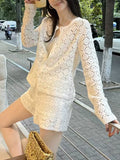 2025 Super Fire Summer Dress A Complete Set Of New Female Temperament Unique Hollow Hooks T-Shirt Coat Top White Shorts