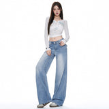 Straight Jeans Women 2026 New Vertical Broad-Legged Mid-Waisted Low-Ball Loose Drag Trousers Blue Trousers