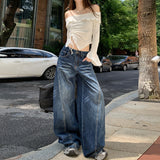Autumn Deep Blue Vintage Cat Scratch Scimits Jeans Women Retro Water Wash Loose Broad Leg Drag Trousers
