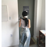 South Korea Dongdae PP Wing Print Loose Jeans Women Retro To Make Old High-Rise Thin Broad Legs Casual Trousers
