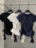 Korean Version Of The Spice Girls Round Collar Shoulder Short-Sleeved T-Shirt Girl Summer Self-Cultivity Design Sense Of Irregular Lotus Leaf Top