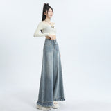 Hairy Light Blue Broad-Legged Jeans Women's New Design High-Waisted Loose-Hanging Trousers Skirt
