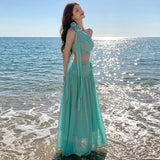 2026 Summer New Temperament Slanted Shoulder-Back Sleeveless Dress Seaside Holiday Fairy Chiffon Long Dress