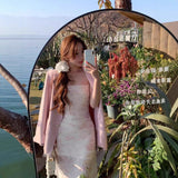 Early Autumn New French Romantic Pink Floral Sling Dress Women's 2025 Summer Mesh To Close The Waist Open Fork Mid-Long Dress