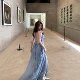 Island Holiday Wear Design Atmosphere With Blue Flowers Hanging Back Folds High-End Dress