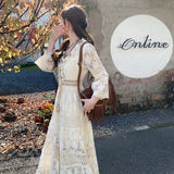 Bohemian Lyso Lace Hook Flower Super Fairy Apricot Long Dress Holiday High Waist Thin Horn Sleeve Dress