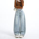 1101# Light Blue Embroidered Broad-Legged Jeans Women's New High-Rise Straight-Barreed Loose Drag Trousers