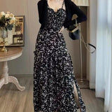 Black Broken Flower Dress Women 2026 Summer Slim Suspension Dress Temperament Tea Dress French Dress