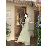 Summer Gentle Lotus Leaf Side V-Neck Bubble Sleeve Dress Large-Size Fat Mm Temperament With Lumbar Texture Long Dress