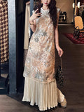 Coagulant New Chinese Style Dress Heavy Industry Embroidered Vest Cheongsam Skirt Mid-Length Skirt
