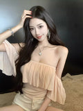 Summer Korean Pure-Want Style Short Repair Slim Thin Chest Bare Shoulder Coat Pink Lotus Leaf Side Shoulder T-Shirt Girl