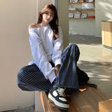 Vintage Deep Blue Striped Broad-Legged Jeans Loose Casual Straight Tug Trousers & Lengthy Vintage
