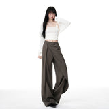 New Spring New Brown Gray Irregular Ribbon High-Rise Broad Leg Pants Women Thin Hanging Straight Slacks