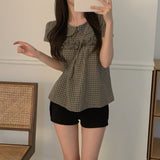 Korean Sweet Age-Bearing Doll Tie Wooden Ear Splicing Short Sleeve Lattice Shirt Woman Loose Thin Wind Top