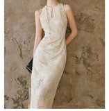 Moonlight Golden Lace Weaving Heavy Industry Three-Dimensional Embroidery Lace Lace Hollow Open Sleeveless Dress New Chinese Style