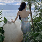 French Romantic Hanging Neck Rose Flower Hollow Long Dress Elegant Sexy Breast Repair Dress