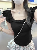 5051 #Summer Cotton Small Fresh Square Wooden Ear To Reduce The Age Of Small Flying Sleeve Bow Design Short-Sleeved T-Shirt