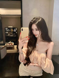 Summer Korean Pure-Want Style Short Repair Slim Thin Chest Bare Shoulder Coat Pink Lotus Leaf Side Shoulder T-Shirt Girl