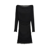 Pure Lusty Sexy Shoulder Long-Sleeved Net Dress Women's Summer New Waist Thin Perspective Ass Short Skirt