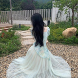 Tea Break French Sweet Fresh Dopamine High-Grade Dizzy Printing Splicing Mesh Screen To Collect Two Dresses