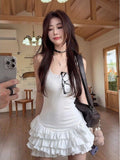 Sweet White Sling Dress Women's Summer To Close The Waist Lotus Leaf Cake Dress Ballet Style A Short Skirt
