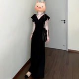2025 Xia Hepburn Dark Night French High-End Velvet Texture Cold Temperament Small Man Showing High Artifact V Collar Long Skirt